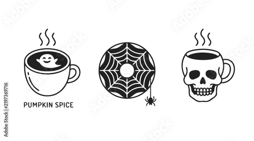 Spooky Halloween Coffee Cups and Spider Web Line Icons Set