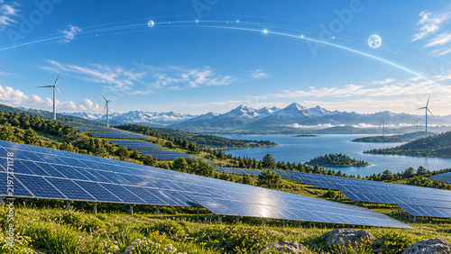 Solar panels and wind turbines overlook a blue lake and snowy mountains, with glowing arcs across the sky suggesting clean energy connectivity.