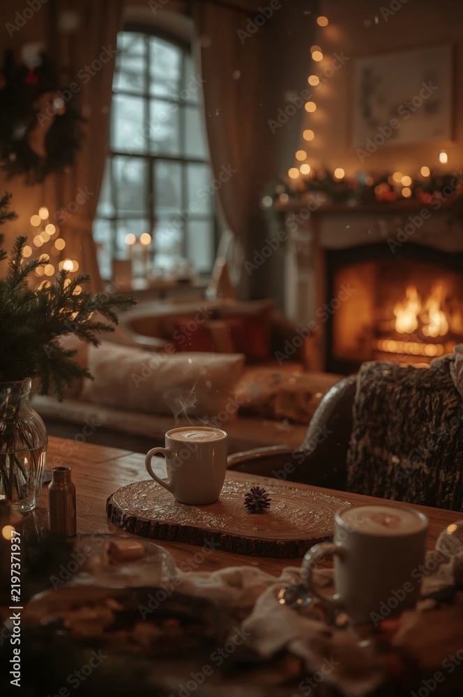Obraz premium Cozy Setting With Warm Drinks and Festive Decorations in a Living Room