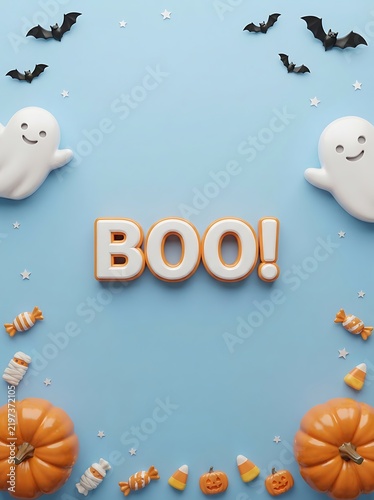 Boo 3d typography on blue background with ghosts bats and pumpkins halloween holiday.