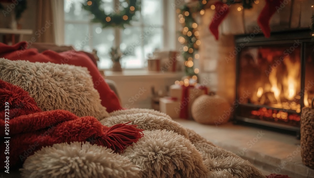 Fototapeta premium Cozy Setting With Warm Fire and Decorative Elements During Winter Season