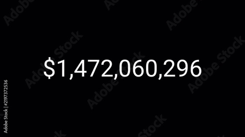 dollar number counter animation 0 to 5000000000 on black background, zero to five billion with dollar sign in 4k animation with alpha channel.