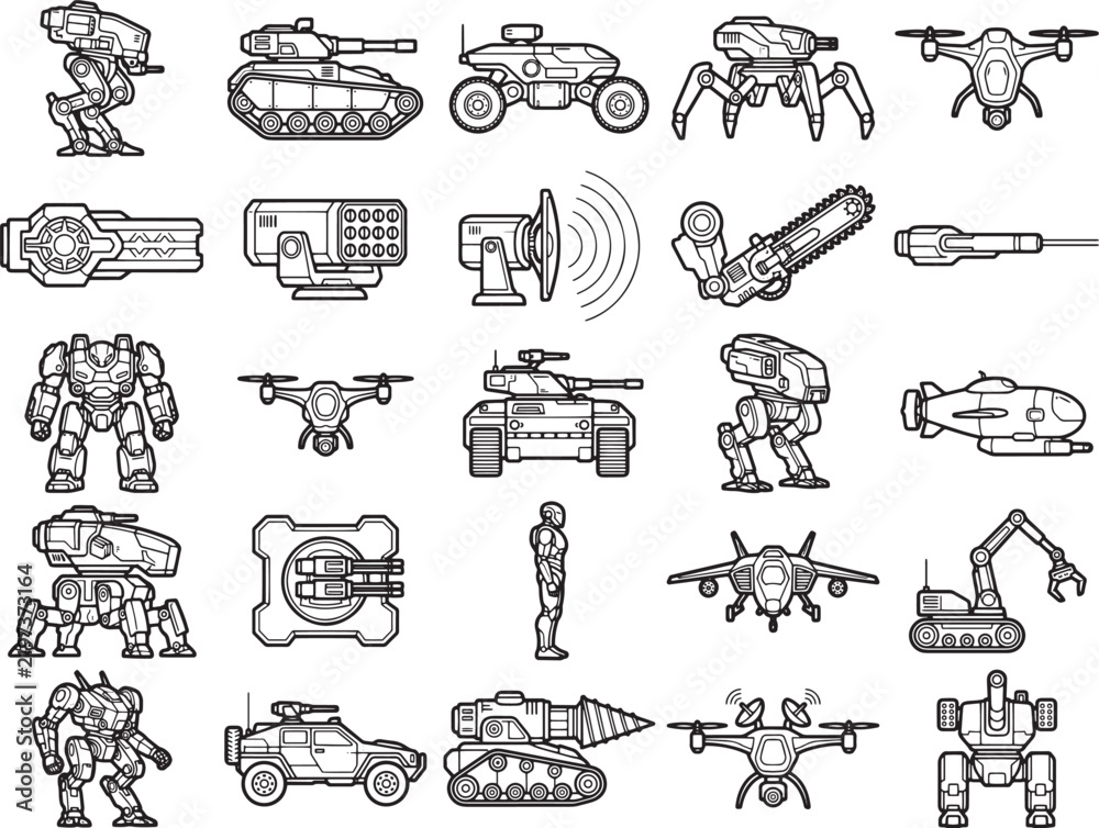 Obraz premium A collection of pixel art illustrations depicts a variety of futuristic military and combat vehicles, robots, and weaponry, showcasing a range of technological advancements in a monochromatic palette.