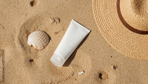Sunscreen Tube and Seashell Beside Straw Hat on Sandy Beach