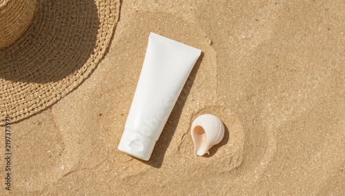 Sunscreen Tube and Seashell on Sandy Beach During Daytime