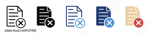 Document delete and cancel icon set with X mark, rejected file, error, remove page and declined report symbols in outline and flat styles for web and app interface design