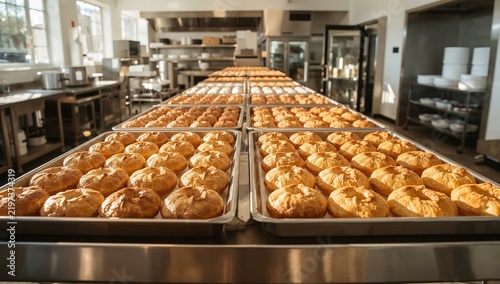 Baking Session in a Large Kitchen With Trays of Baked Goods Ready for Sale