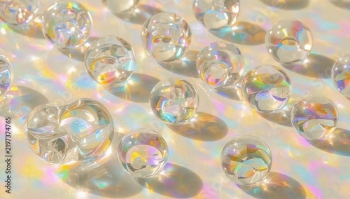 Colorful Glass Spheres Are Arranged on a Smooth Surface Reflecting Light
