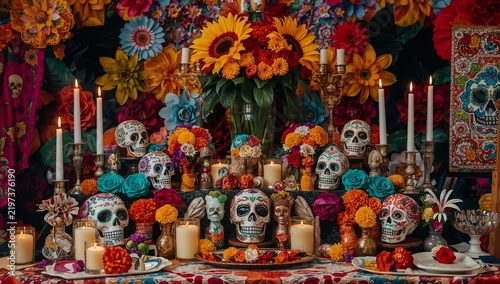 Colorful Altar for Día De Los Muertos Celebration With Flowers and Candles