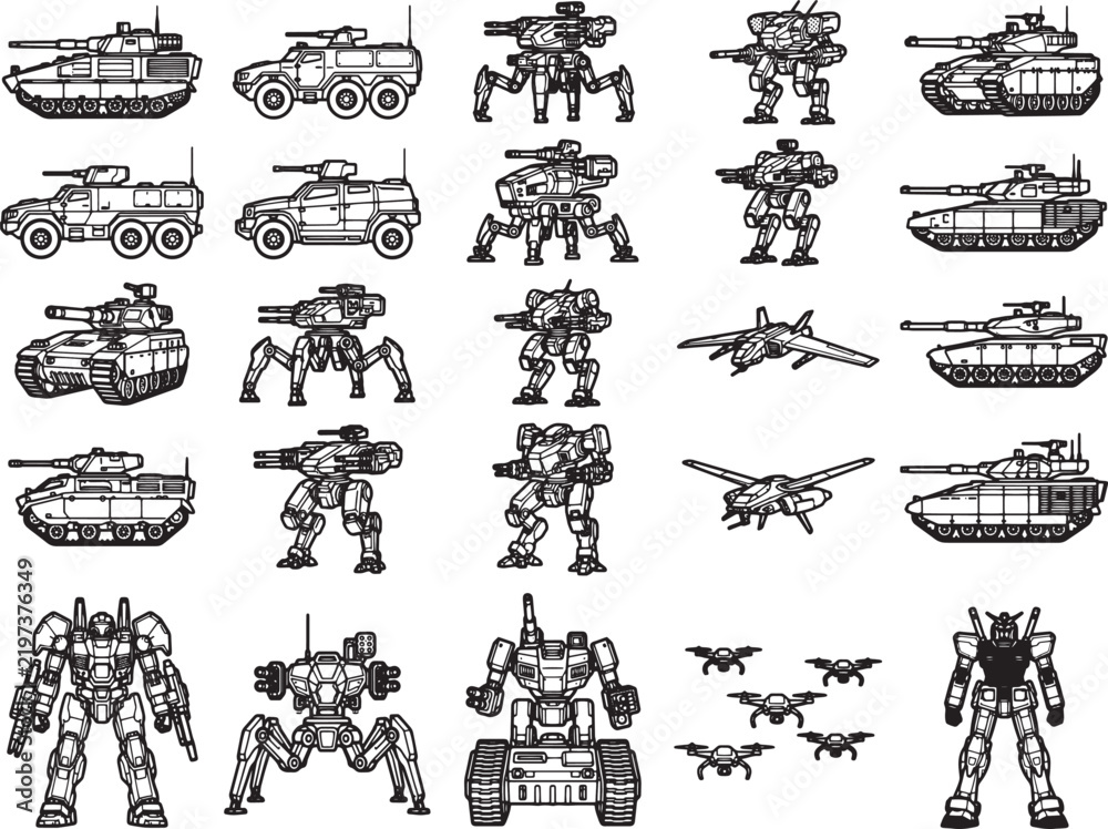 Obraz premium A collection of diverse military combat vehicles, including tanks, armored personnel carriers, robotic walkers, and aerial drones, presented in a stylized pixel art illustration.