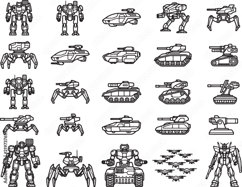 Obraz premium A collection of futuristic combat robots and armored vehicles in a detailed illustration.