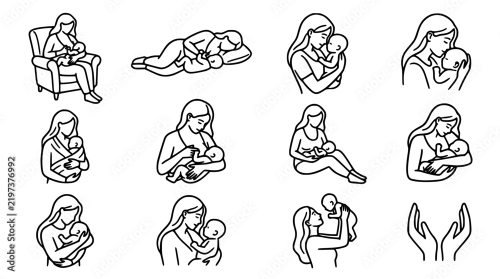 Fototapeta premium Mother Breastfeeding and Newborn Care Minimal Line Art Vector Set