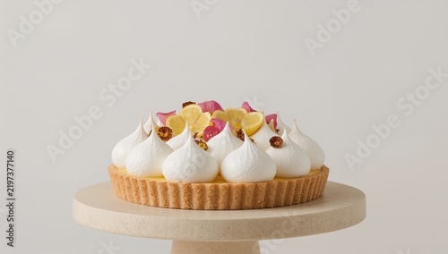 Cake Displayed on a Stand With Meringue, Flowers, and Lemon Slices on Top
