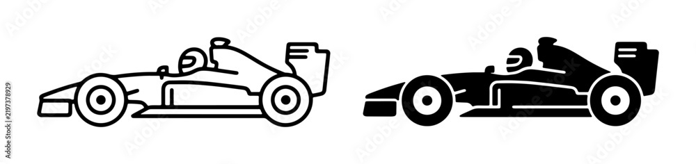 Obraz premium Formula 1 Racing Car Icons, Speeding Race Vehicle Vector Graphics, Motorsport Competition Symbols, Professional Sports Transportation Graphics