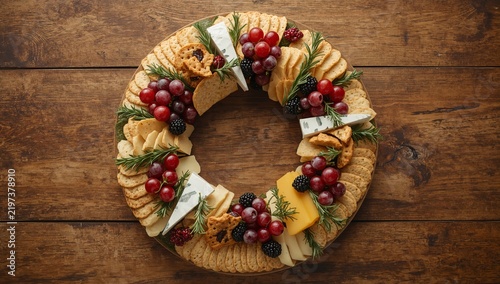 Cheese and Fruit Platter Arranged as a Wreath on a Wooden Table