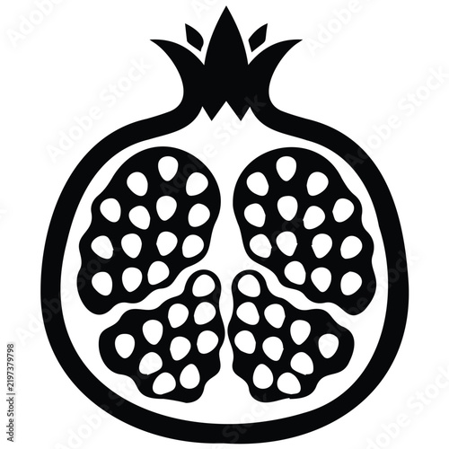 Cut pomegranate fruit showing seeds black silhouette vector illustration organic food icon.