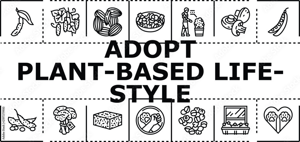 Obraz premium Adopt plant-based lifestyle banner infographic. Grains health, balance ethics, diet environment icon vector illustration
