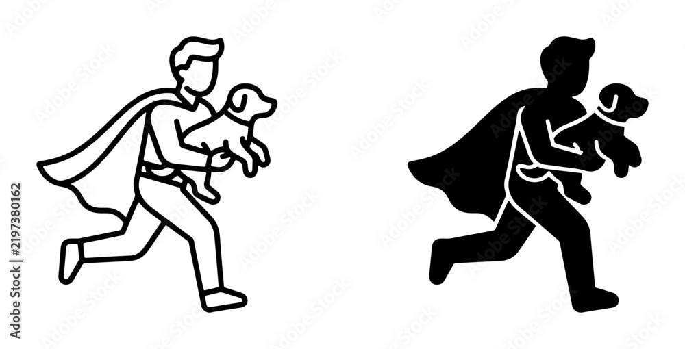 Fototapeta premium Superhero Man Carrying Dog Vector Icons, Heroic Pet Rescue Line Art and Silhouette, Animal Lover Concept