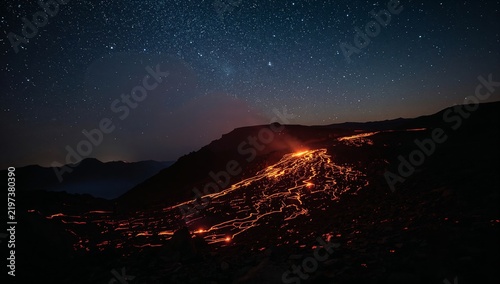 Lava Flows From a Volcano Under a Starry Sky at Night