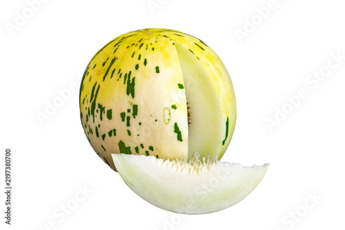 Fotografie Dino melon (Cucumis melo), also known as Dinosaur or Tigger melon, with its dist