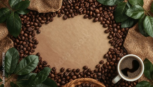 Coffee Beans and Cup Arranged With Burlap and Leaves on a Table