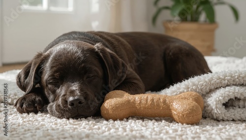 Puppy Sleeps Beside a Chew Toy on a Soft Rug in a Cozy Room