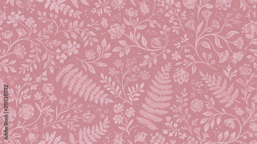 Seamless Floral Botanical Pattern on Pink Background