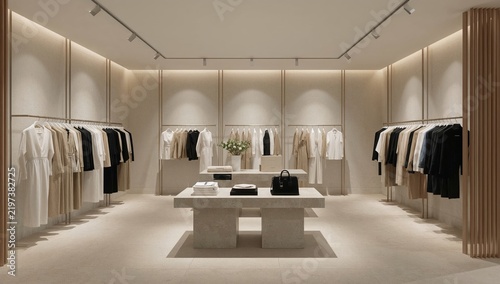 Fashion Store Interior With Clothing Displays and Accessories on a Center Table
