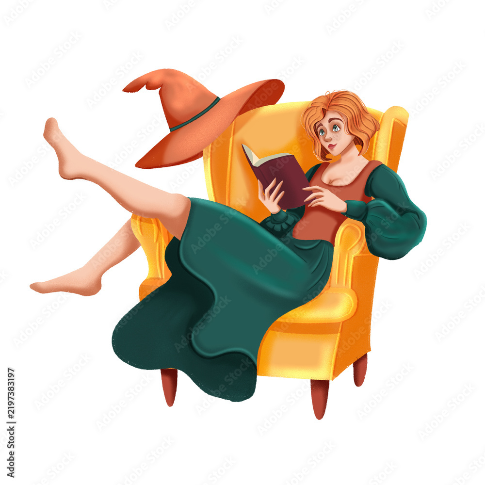 Obraz premium Halloween witch reading a book isolated on transparent background
