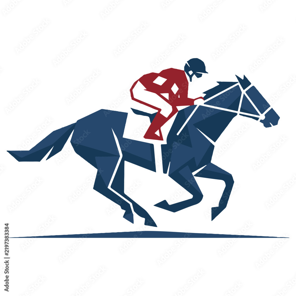 Fototapeta premium Stylized graphic illustration of a jockey riding a dark blue racehorse with horse racing