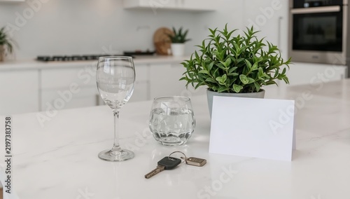 Empty Glasses and House Keys on a Kitchen Countertop With a Plant and a Blank...