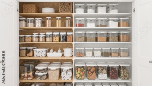 Organized Pantry With Clear Containers and Various Food Items