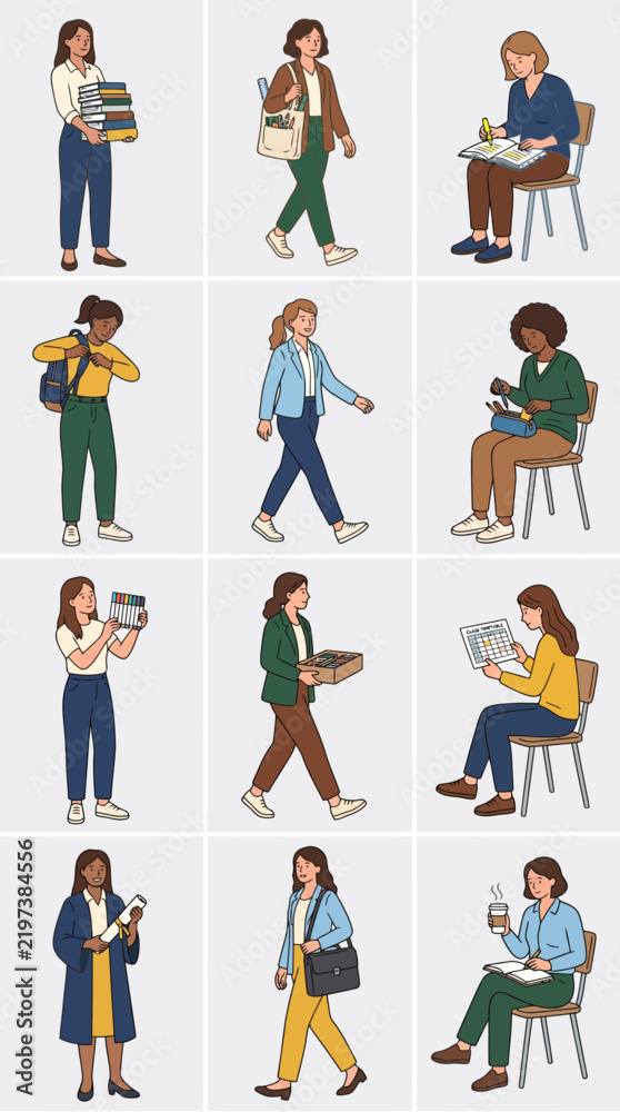 Fototapeta premium Diverse group of young women engaged in various activities including reading walking and carrying books.