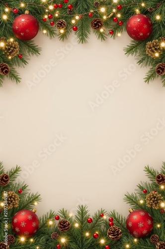 Christmas Decoration With Red Ornaments and Pine Branches on a Light Background