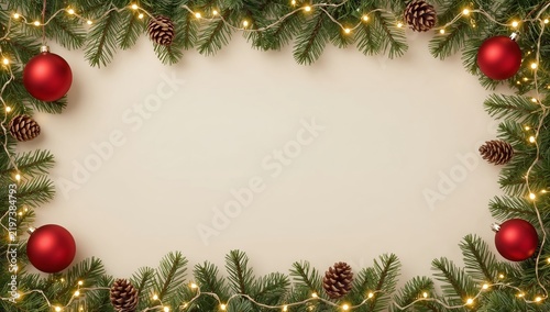 Christmas Decoration With Red Ornaments and Pinecones on Green Pine Branches