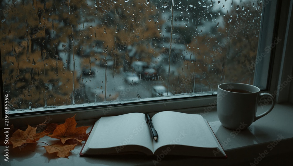 Obraz premium Rainy Day Scene With a Notebook and a Cup by the Window