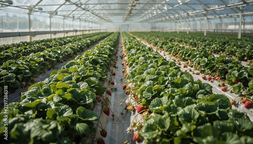 Greenhouse With Rows of Strawberry Plants and Red Berries