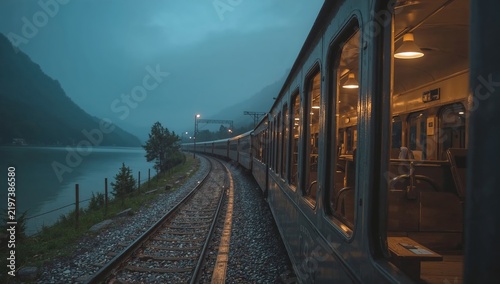Train Travels Along Lakeside in the Evening Near Mountains Under Cloudy Sky