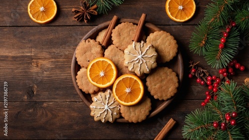 Cookies and Orange Slices on a Wooden Table With Pine Branches and Cinnamon S...