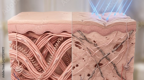 Human skin cross section comparison demonstrating young healthy tissue against aged damaged dermis, showing dense springy collagen fiber versus broken elastin, thinning epidermis, deep wrinkle, uv ray