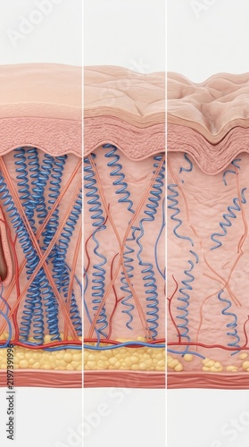 Human skin aging timeline cross section demonstrating three stages of gradual collagen density decline, dermis layer epidermis thinning, elastin fiber tension loss, deep wrinkle formation.