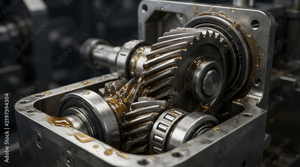 Fototapeta premium Close-up of a mechanical gearbox with gears and lubricants in an industrial setting