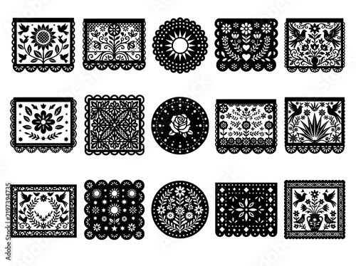 Mexican Papel Picado vector set, 15 black paper cut ornaments with floral and bird motifs, traditional folk art lace banners for Dia de los Muertos