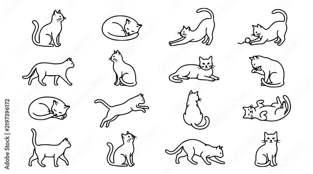 Obraz premium Cute Cat Poses and Domestic Kitten Behaviors Icon Set Featuring Sitting Sleeping Stretching Walking Jumping Scratching and Playful Animal Outline Vectors