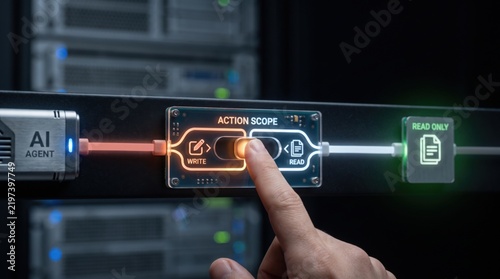 Runtime AI Governance - A human hand switches an AI agent’s database permission from write to read, ensuring secure read-only access for data protection.