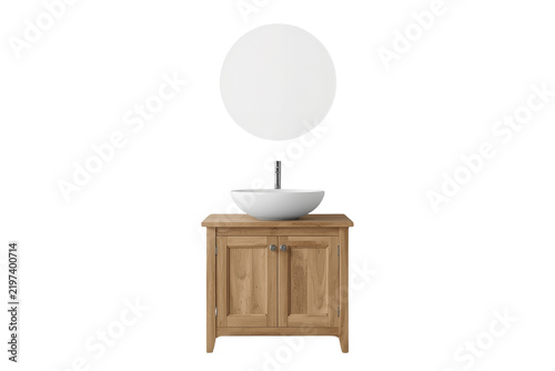Light oak washstand with white mirror rendered as a realistic cutout