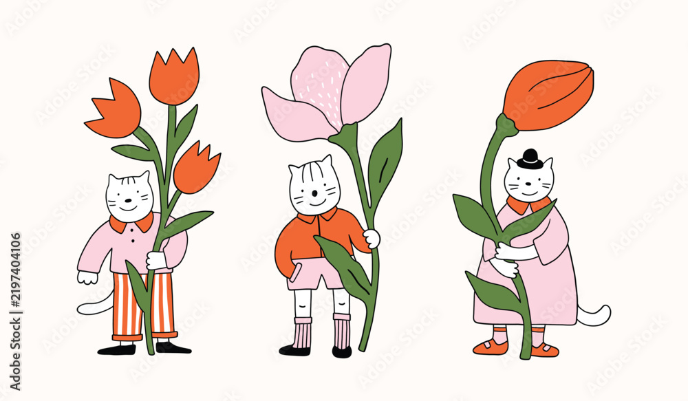 Fototapeta premium Funny cat holding beautiful flower illustration set. Greeting card, Birthday print, naive simple doodle style. 8 March, Spring flower, bouquet gift with love. Black white, line contour, isolated.