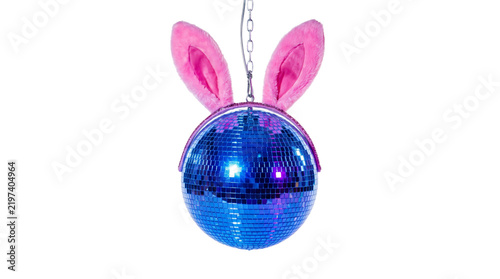 Bright blue mirrored disco ball with playful pink rabbit ears hanging isolated on a transparent background