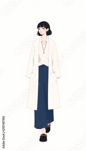 Minimalist character illustration of a person wearing a long bohemian cardigan, simple shirt, and wide trousers, relaxed walking pose, peaceful expression, clean simple shapes, white background