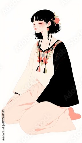 Minimalist character illustration of a person wearing a loose bohemian blouse with embroidered details and wide trousers, sitting on the floor, peaceful expression, minimalist flat illustration